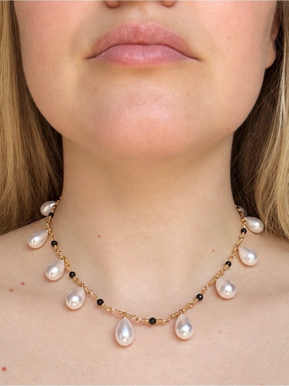 Gold Pearl Teardrop Necklace with Black Accent Beads - Classic Women’s Choker